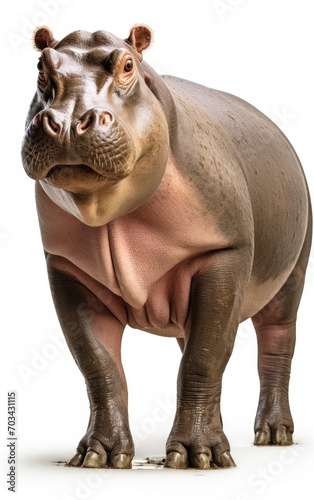 Hippopotamus standing looking at the camera on isolated white background.