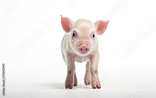 Baby Piglet standing looking at the camera on isolated white background.