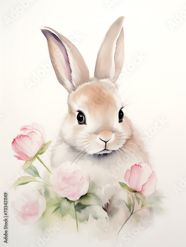 Adorable white rabbit on white background, beautiful artistic illustration card to welcome new season and celebration of easter. Fully bunny looking friendly, tame. White background.