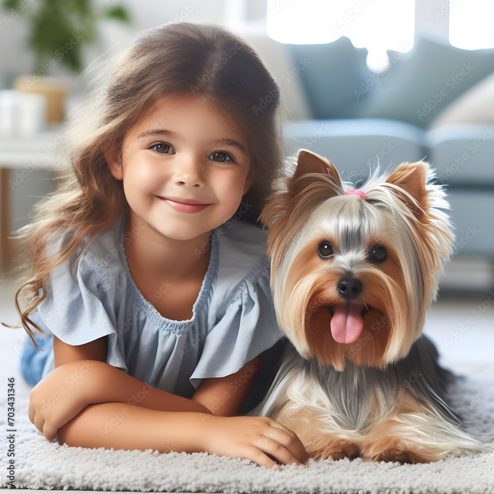 Sweet cute caucasian girl next to her silky terrier dog in bright room, pet-care concept Sweet cute caucasian girl next to her silky terrier dog in bright room, pet-care concept