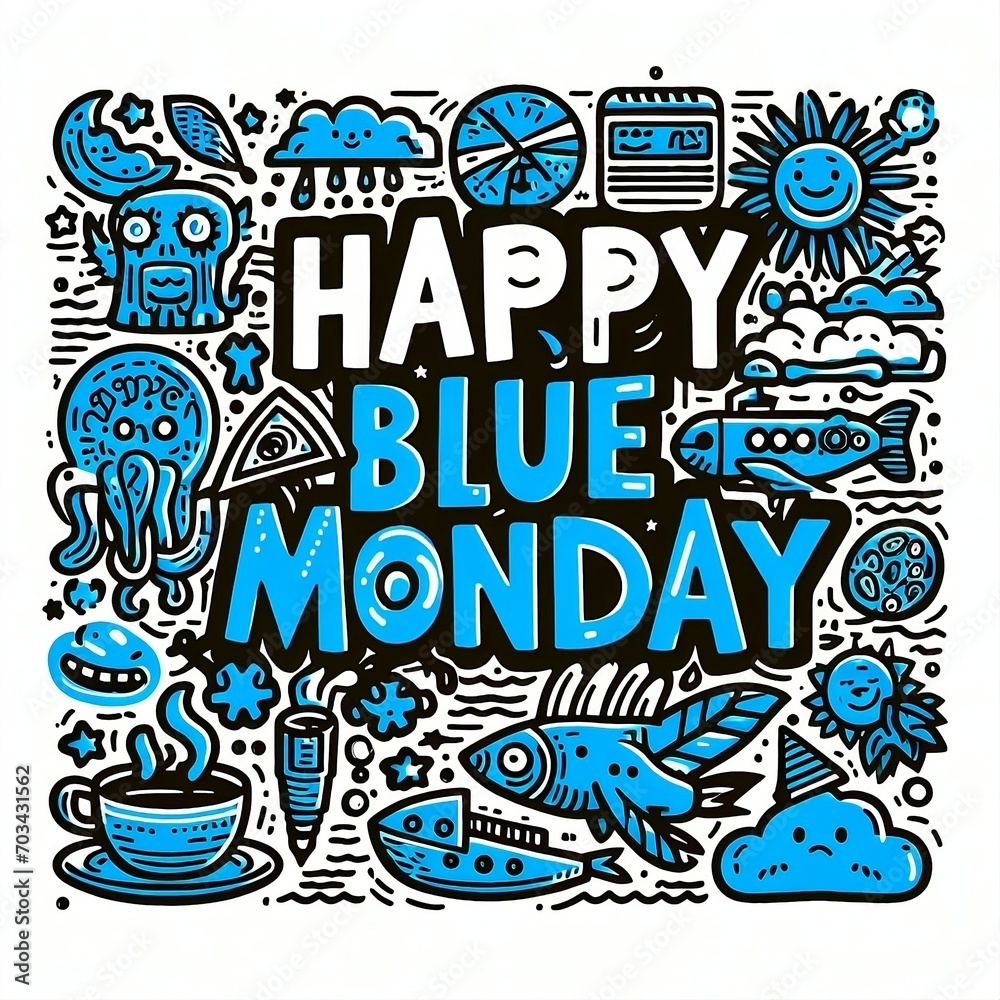 Happy blue monday quote typography Vector The most depressing day of the year in doodle illustration style January 15th created with generative ai