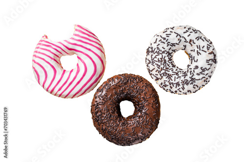 Donuts with chocolate, pink glazed and sprinkles Doughnut.  Transparent background. Isolated.