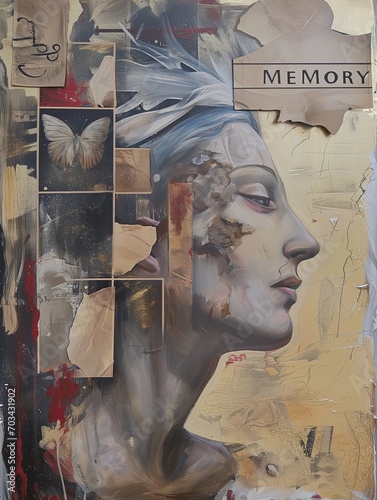 Beautiful painting and collage artwork symbolizing memory, woman face with various compartments, fragmented mind with all sorts of memories, butterfly moth flying in the night, torn pieces of paper 