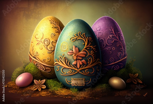 Easter eggs with ornament on green background, Vintage Style. Generative AI