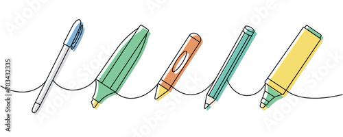 School supplies set. Back to school one line colored continuous drawing. Marker pens, pencils, chalk pencil, crayons continuous one line illustration.