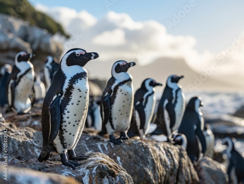 Colony of African penguins with their distinct black and white plumage, standing on the rocky shore of beach.