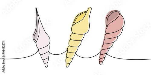 Sea shells. Sea shells, mollusks, scallop, pearls. Tropical underwater shells continuous one line illustration. Vector minimalist linear illustration.