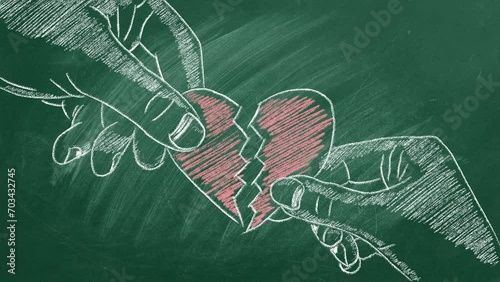 Male and female hands with broken heart. Conflict between women and men. Concept of Love, Life, Reunion, Conciliation, Mercy, Health. Happy Valentine's day. World heart day. Chalk drawing illustration
