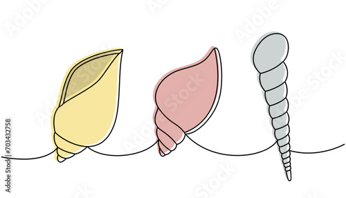 Mollusks. Sea shells, mollusks, scallop, pearls. Tropical underwater shells continuous one line illustration. Vector minimalist linear illustration.