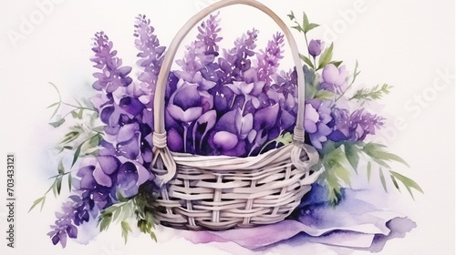 Watercolor purple flowers in a wicker basket