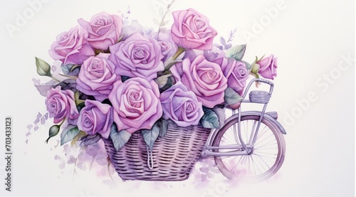 Watercolor purple flowers in a wicker basket from a bicycle