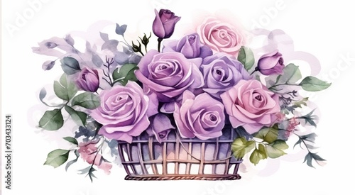 Watercolor purple roses in a wicker basket