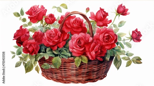 Watercolor red roses in a wicker basket