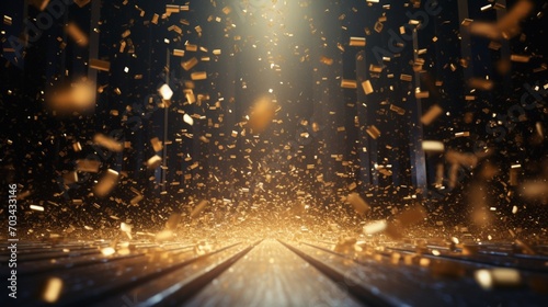 a golden confetti rain on a festive stage with a radiant light beam, an empty room at night mockup designed for the grandeur of an award ceremony, jubilee, New Year's party