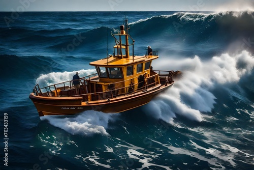 Confront the power of the open sea with a super realistic stock photo showcasing a Fish boat vessel fishing in a rough sea. © Fatima