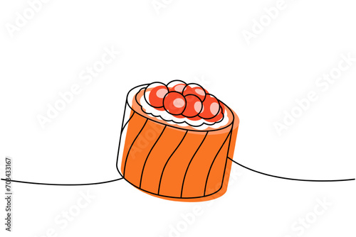 Ikura sushi, tobiko maki sushi one line colored continuous drawing. Japanese cuisine, traditional food continuous one line illustration.
