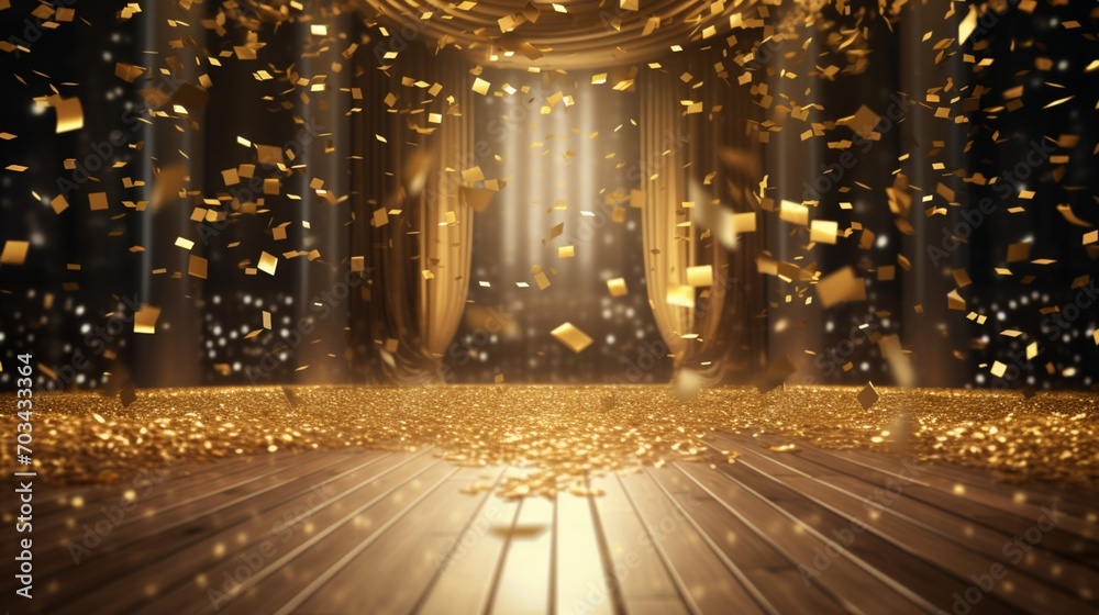 a golden confetti shower on a festive stage with a central light beam, an empty room at night mockup as the perfect backdrop for an award ceremony, jubilee - obrazy, fototapety, plakaty 