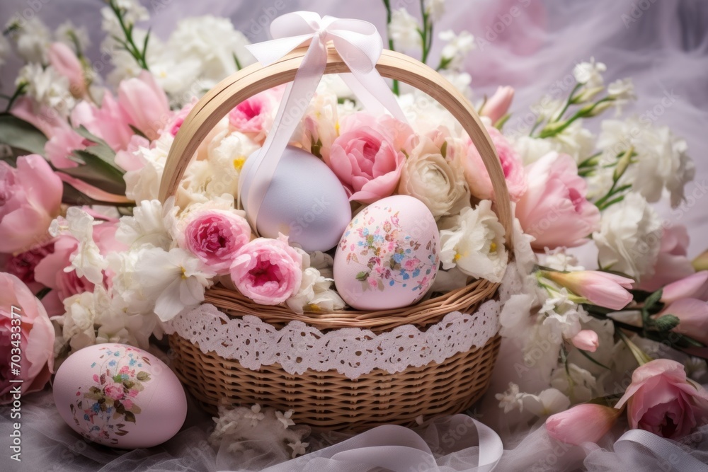Easter basket, adorned with pastel eggs and soft pink flowers, captures the essence of the spring season.