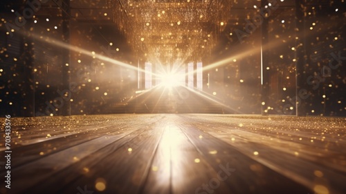 a golden confetti rain on a festive stage adorned with a radiant light beam, an empty room at night mockup inviting creativity for an award ceremony, jubilee
