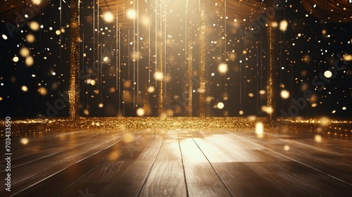 a golden confetti rain on a festive stage adorned with a radiant light beam  an empty room at night mockup inviting creativity for an award ceremony  jubilee