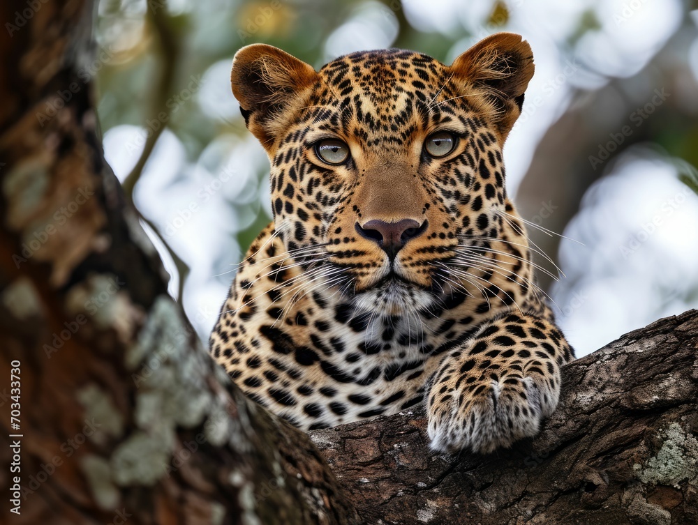 Fototapeta premium Majestic African leopard perched on a branch of a tree, staring directly at the camera.