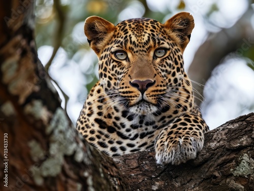 Majestic African leopard perched on a branch of a tree, staring directly at the camera. © Kanisorn