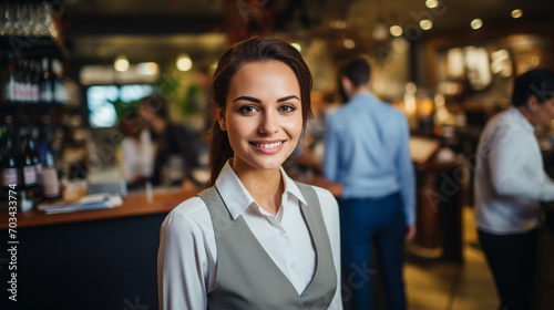 Attractive saleswoman or cashier serving customers photo