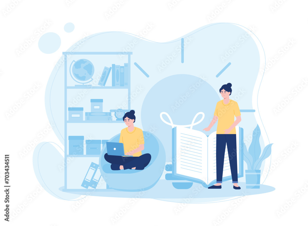 student in front of laptop studying in library concept flat illustration