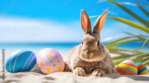 A rabbit on a sandy beach with colorful Easter eggs, blending the symbols of Easter with a refreshing and unexpected summer vibe