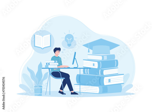 man in front of computer doing assignments online learning concept flat illustration