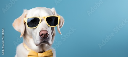 dapper canine stylish dog in sunglasses and suit with tie on blue background with copy space