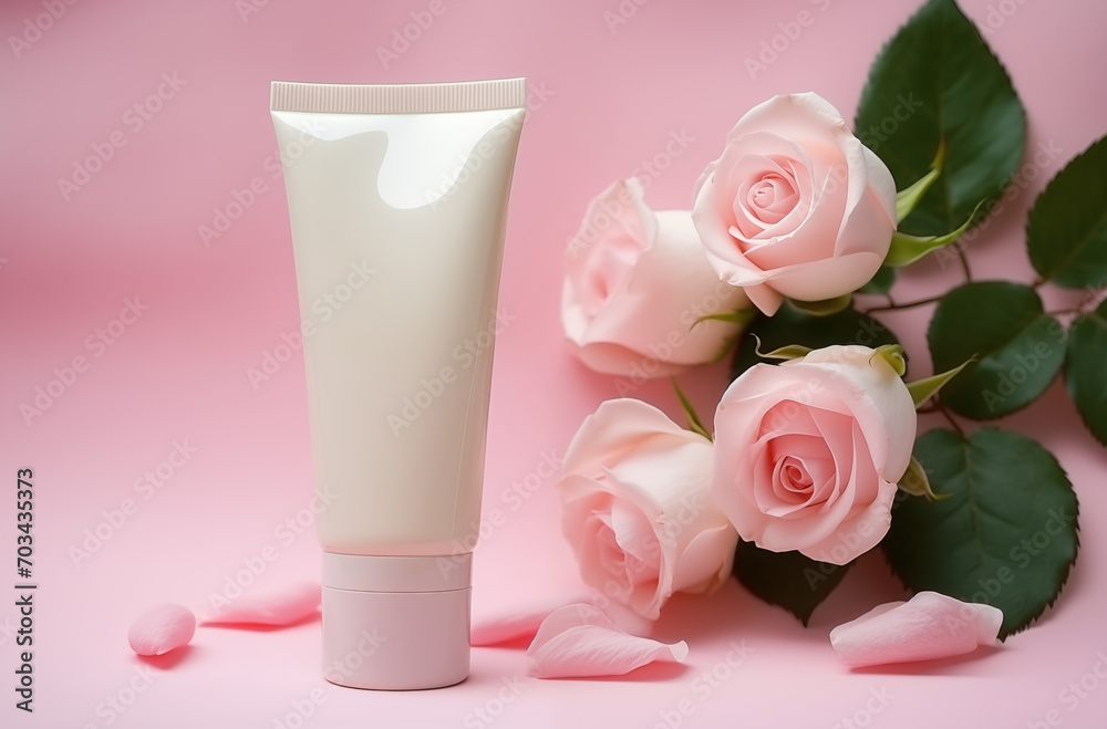 blank cream bottle mock up cosmetic with pink roses on background