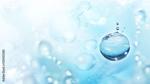 Hydrated and glowing H2O floating water drop on blue background - for cosmetics and skin care illustrating liquid molecular hydration