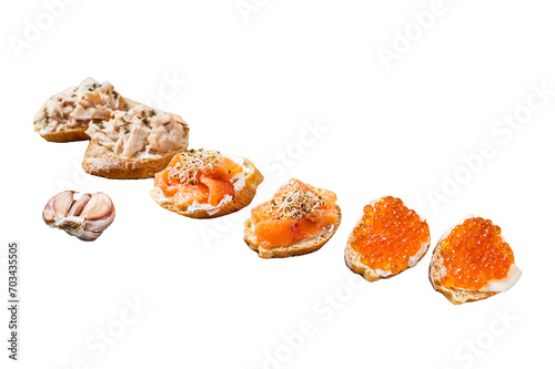 Smoked salmon and red caviar toasts appetizer with cream cheese. Transparent background. Isolated.