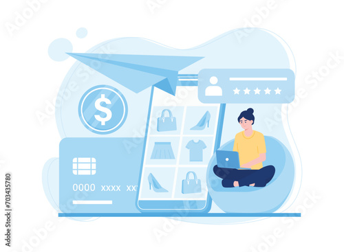 Customers provide rating feedback to online stores concept flat illustration