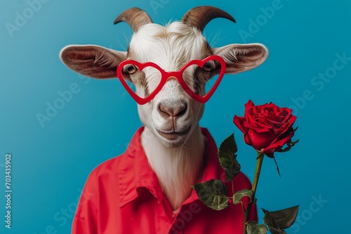 A goat dressed in a red shirt and bright heart shaped glasses holding a red rose