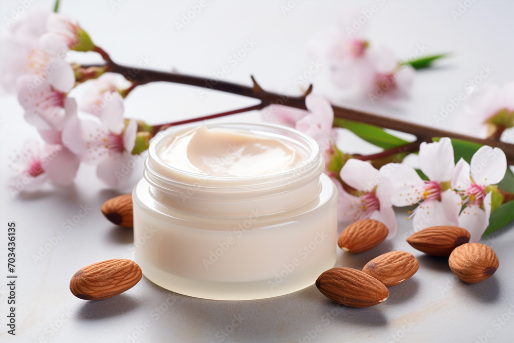 Cosmetic product with almond extract, decorative cosmetics, personal care products, selective focus Cosmetic product with almond extract, decorative cosmetics, personal care products, selective focus