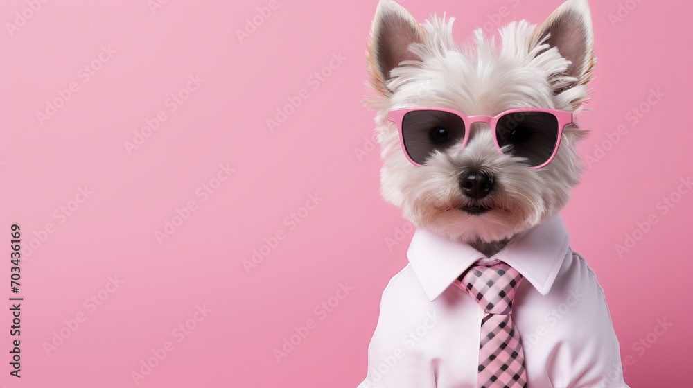 dapper dog in sunglasses and suit with tie, isolated on pink background for text placement