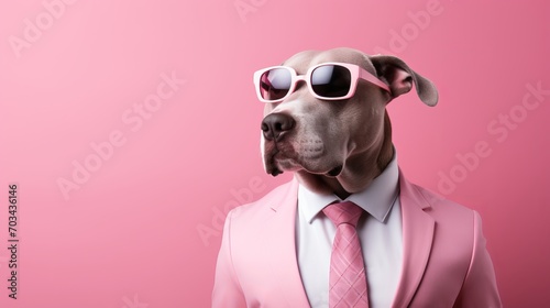 Fashion forward dog in sunglasses and suit on pink background, perfect for text placement © Ilja