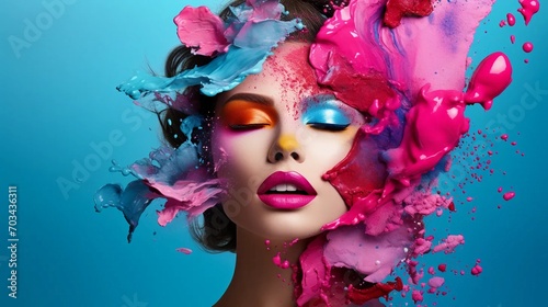 Woman's face with splashes of colorful paint, pastel shapes showing the concept of cosmetics for girls © PhotoHunter