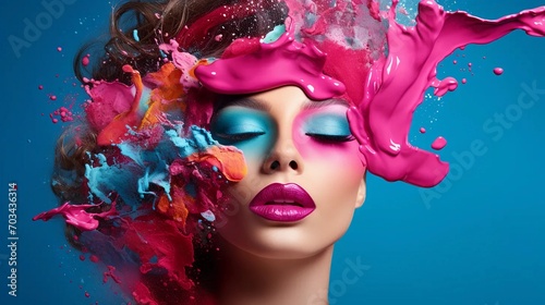 Woman's face with splashes of colorful paint, pastel shapes showing the concept of cosmetics for girls © PhotoHunter