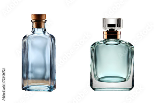 Ideal for Design and Mockups; Beautiful empty glass bottle and empty perfume bottle on transparent background, PNG photo