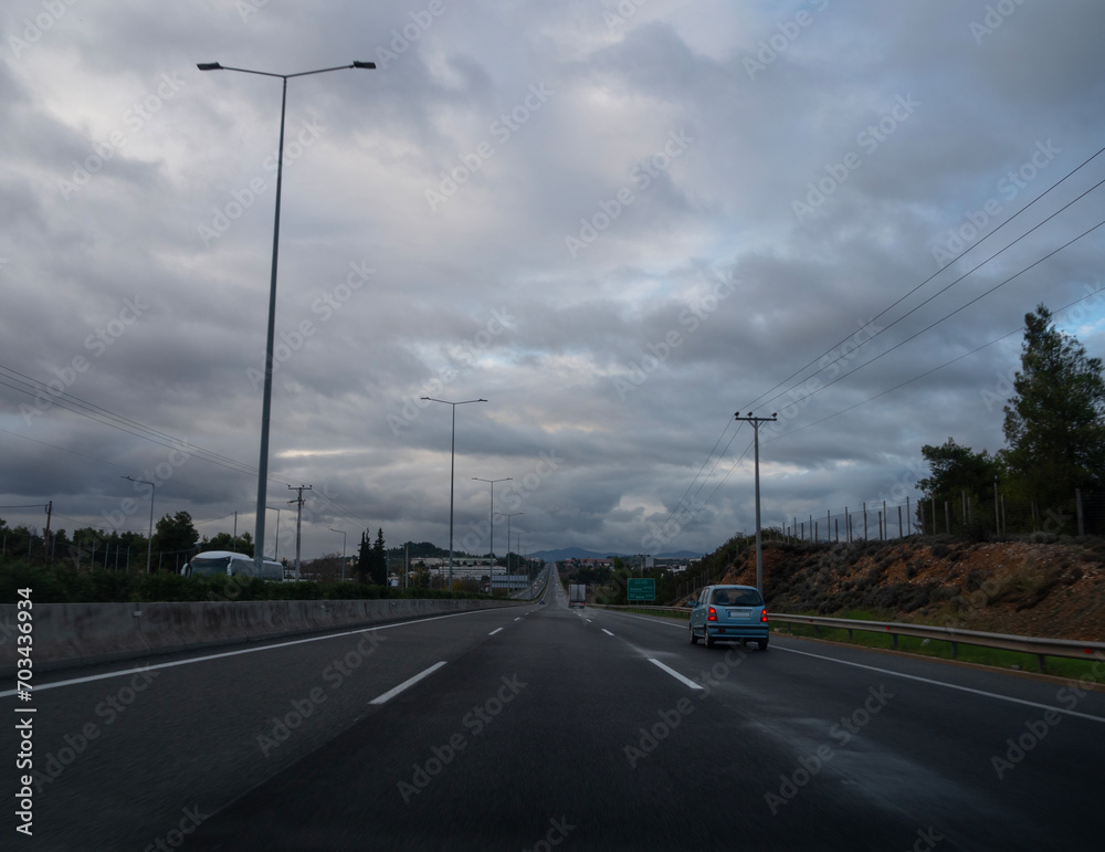 A trip along the E75 highway from Athens in bad weather
