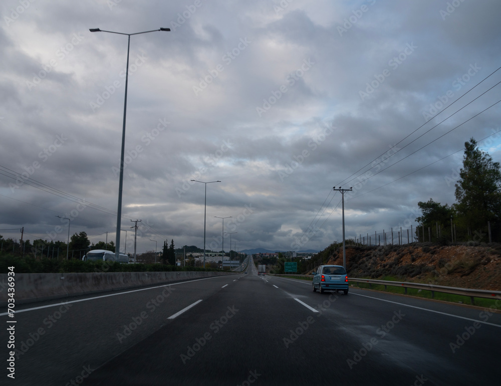 A trip along the E75 highway from Athens in bad weather A trip along the E75 highway from Athens in bad weather