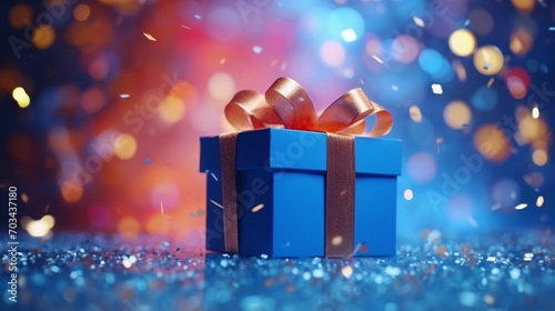 a gift box or present embraced by whimsical flying confetti, harmonizing against a captivating blue bokeh background, creating a magical Christmas greeting card © graphito