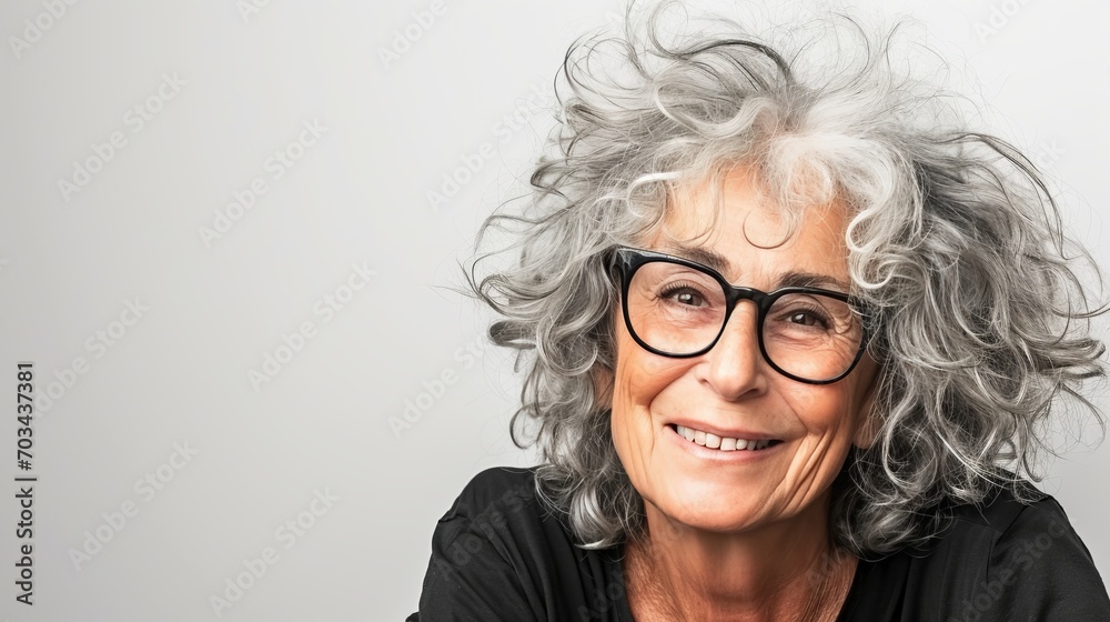 Smiling 50s senior woman with grey hairclose up portrait of mature model on grey background. Smiling 50s senior woman with grey hairclose up portrait of mature model on grey background.