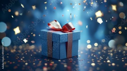 a gift box or present adorned with flying confetti against a serene blue bokeh background, crafting a magical Christmas greeting card © graphito