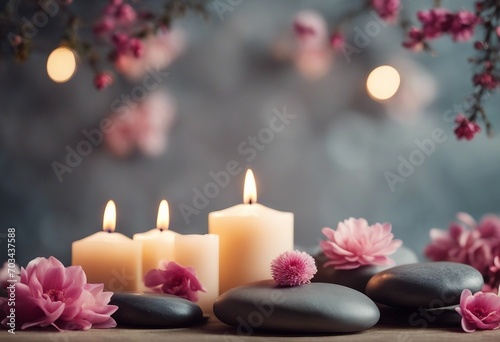 Aromatherapy beauty spa background with massage pebble perfumed flowers water and candles on stone