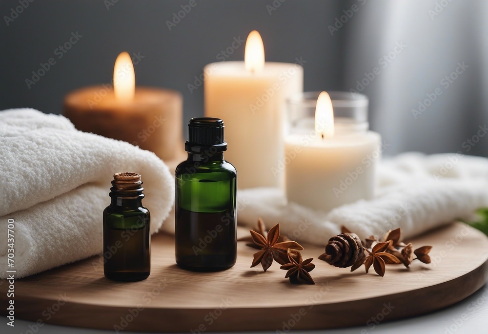Bottle with essential oil towel and candles on white table Spa aromatherapy wellness beauty background Bottle with essential oil towel and candles on white table Spa aromatherapy wellness beauty background