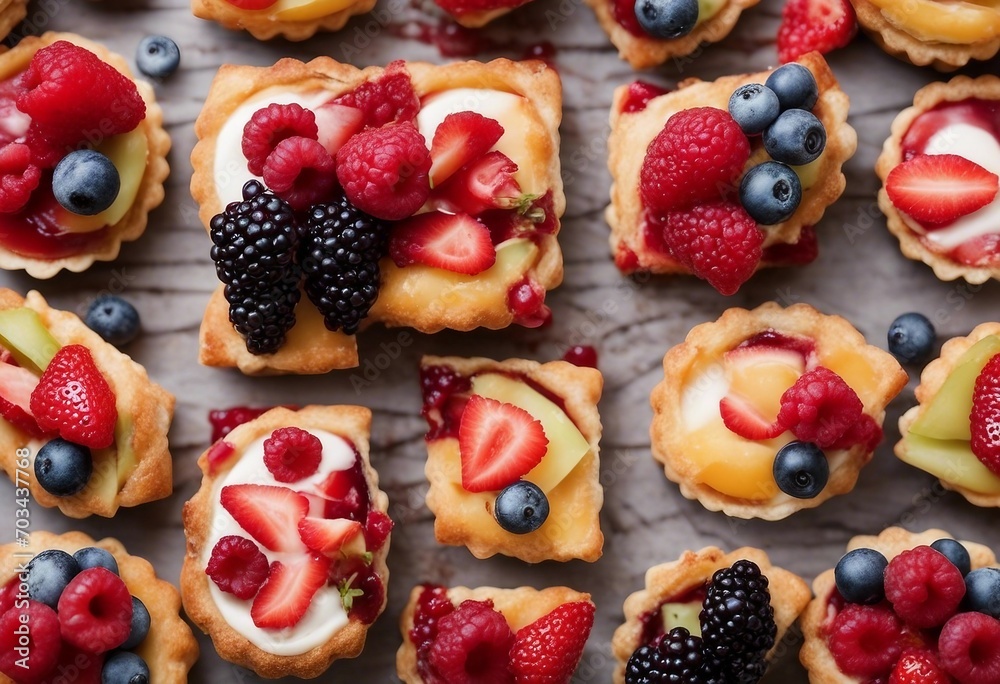 Colorful berry tartlets or cake for kitchen pattern Pastry dessert from above